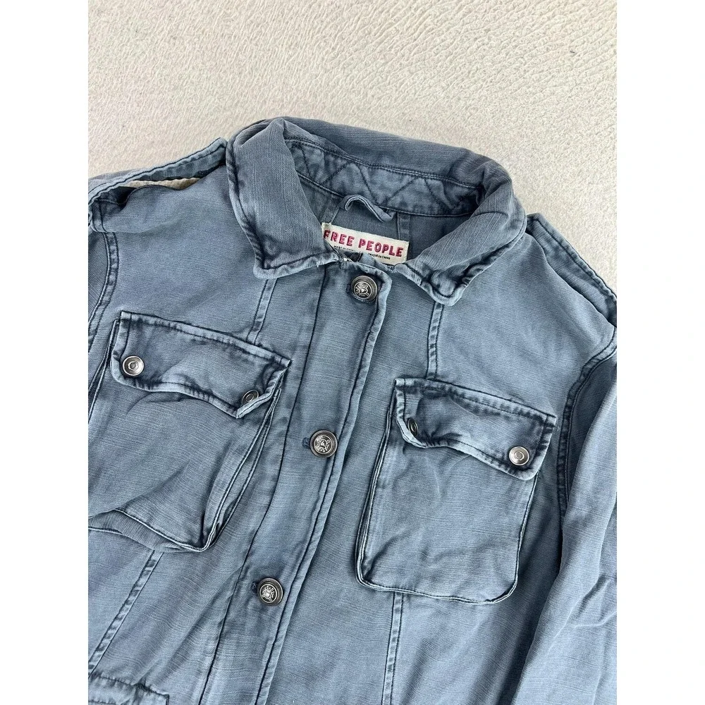 Free People Jacket Womens Small Blue Cotton Twill Military Full Zip Pockets